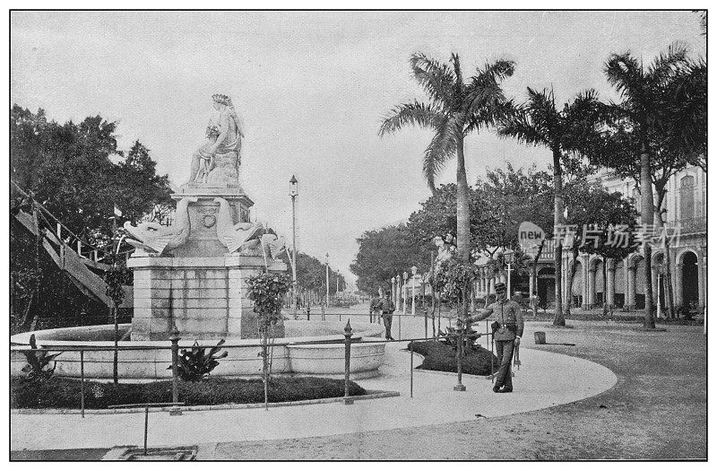 古董黑白照片:印度雕像，El Prado，哈瓦那